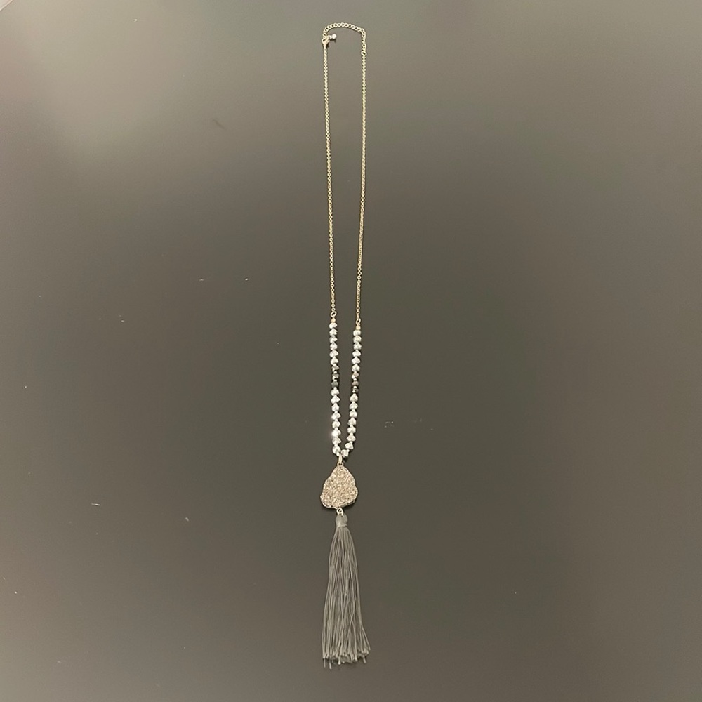 Three sisters boutique silver stone beaded long necklace with gold metal.